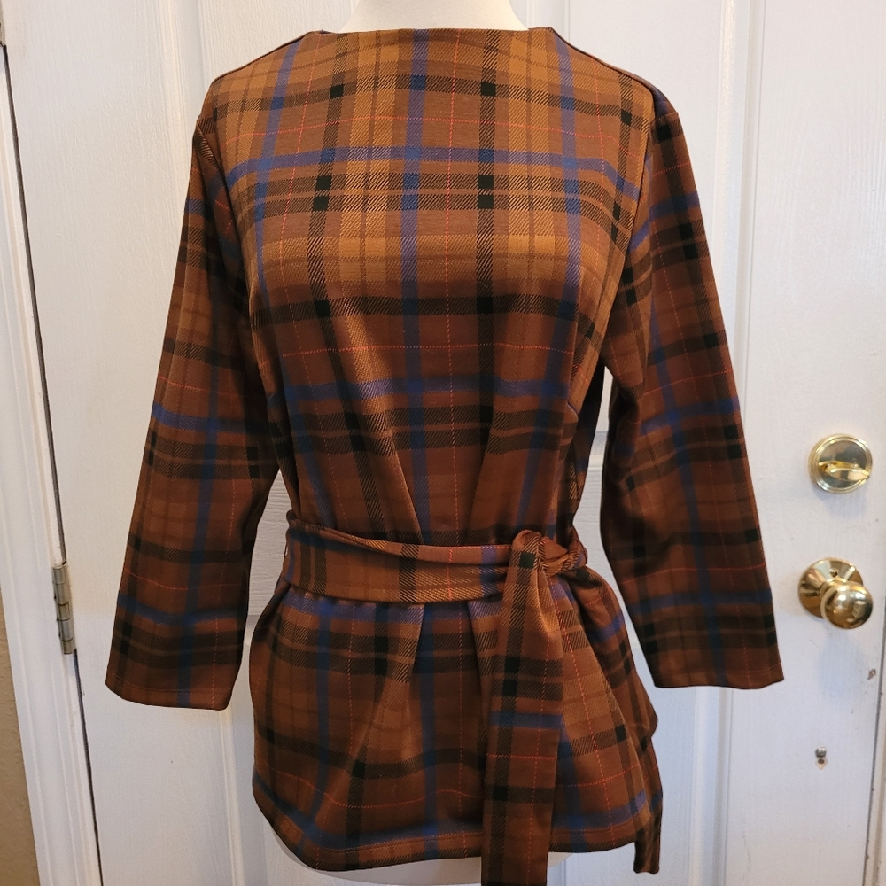 Ann Taylor Tartan Brown Top Plaid Equestrian Contemporary  LP Large Petite